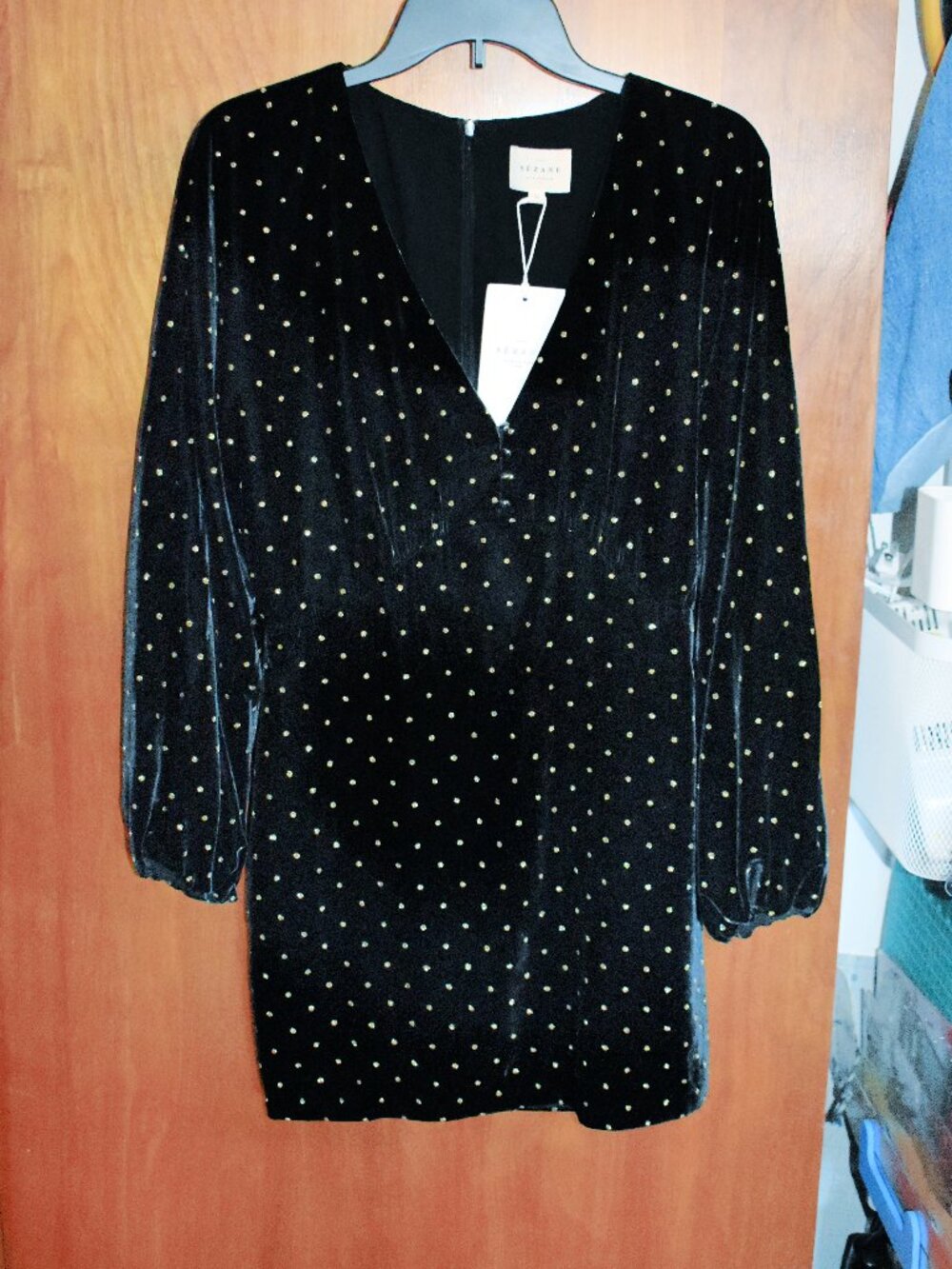 Sezane, Black Velvet Dress, Lined with Sparkling Gold Polka Dots, New with Tags